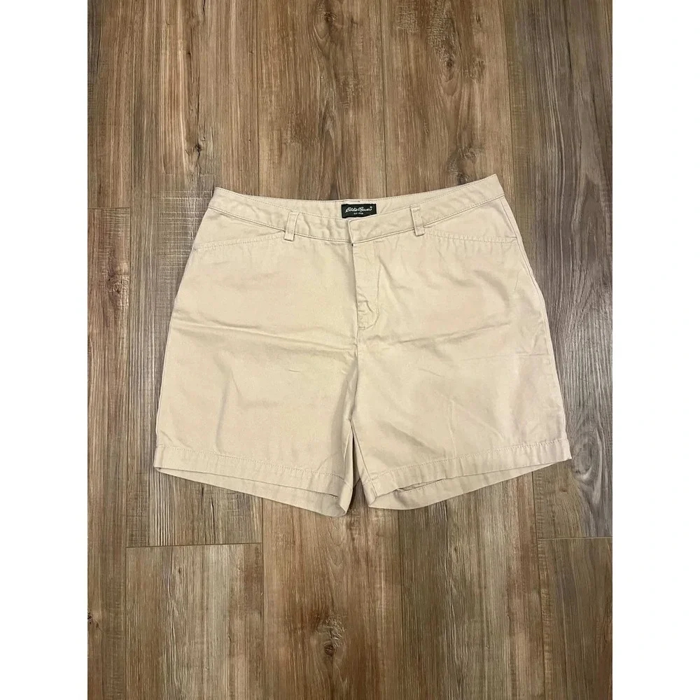 Eddie Bauer Womens Khaki Chino Shorts Tan Cotton Twill Size 10 Mid Rise Casual